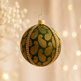 A cluster of Charu handmade fabric baubles, 8cm, grouped to show the bold gold woven paisley brocade with a gold chain braid trim.