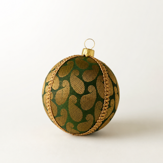 Charu handmade fabric bauble, 8cm, forest green ground with a bold gold woven paisley brocade with a gold chain braid trim.