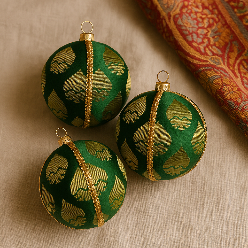 Three green and gold patterned ornaments on a beige surface with a textured fabric background.