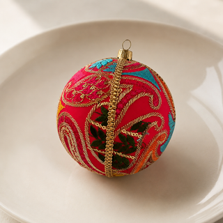 Aditi fabric bauble styled on linen, a 10cm handmade ornament with large sweeping gold paisley cordwork with dense magenta satin stitch and multicolour panels.