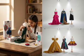 Child working on a craft project with sewing materials, followed by images of colorful dresses on mannequins.