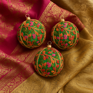 Three green Devaki embroidered ornaments on a patterned fabric background