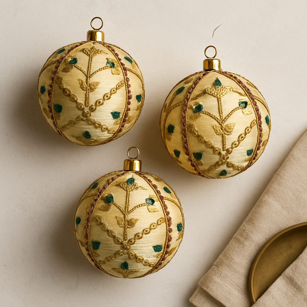 Three gold Lalit Christmas ornaments with intricate designs on a beige background