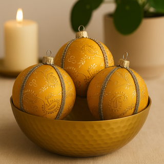 Three yellow ornaments with intricate designs in a gold bowl on a beige surface with a candle in the background.