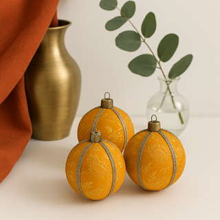 Two yellow decorative baubles with gold accents on a neutral background with a vase and plant. Luxury handmade bauble in golden-yellow with floral brocade detailing, sustainable ornament for Christmas, weddings, and heirloom gifting.