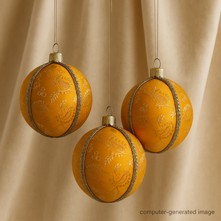 Three yellow Christmas ornaments with decorative patterns on a beige curtain background.