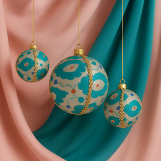 Three Johar Baubles hanging in front of a modern draped fabric backdrop in blush and teal, showcasing their intricate turquoise and gold detailing.