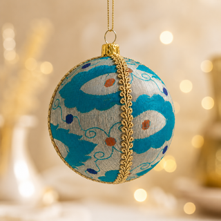 A round hanging ornament with a turquoise and white cloud-like pattern, accented by a gold braided trim and a gold hanging loop, shown against a warm blurred bokeh background.