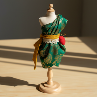 Mannequin wearing a green dress with a yellow belt on a wooden surface