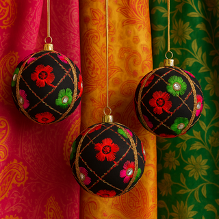 Three black Kalyani embroidered balls with colourful flowers hanging against patterned fabric backgrounds.