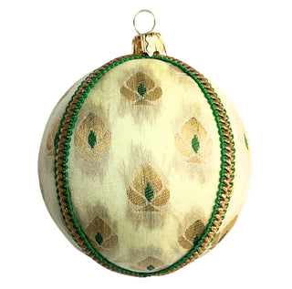 Kamla Bauble – 8cm cream fabric ornament with gold and green motifs, handmade in the UK.