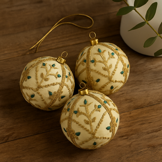 Three Lalit embroidered Christmas ornaments on a wooden surface with a plant in the background.