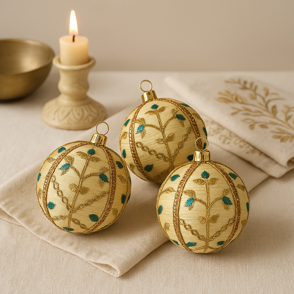 Decorative gold Lalit ornaments with green details on a beige surface with a candle and bowl in the background.