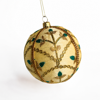 Lalit handmade fabric bauble, 10cm, ivory and gold ground with delicate gold floral embroidery with teal thread accents and a metallic gold trim.