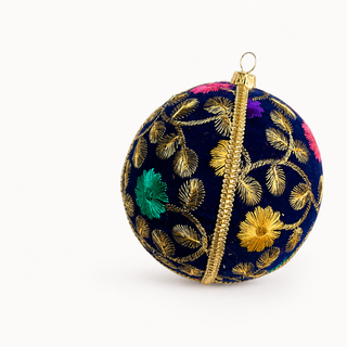 Mahir handmade fabric bauble, 10cm, deep navy ground with fine gold fern-leaf embroidery with scattered pink, purple and teal florals.