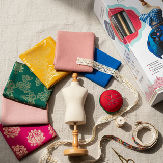 Fabric samples, mannequin, scissors, and a box on a textured surface