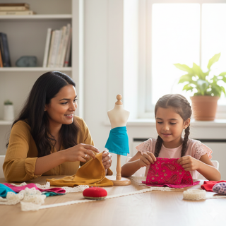 Woman and young girl engaged in sewing activity at a table with fabric and a mannequin.