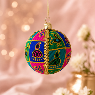 A spherical decorative hanging ornament with a colorful patchwork pattern of pink, blue, and green sections, featuring embroidered peacock motifs and gold trim, suspended against a soft pink bokeh background with blurred flowers.
