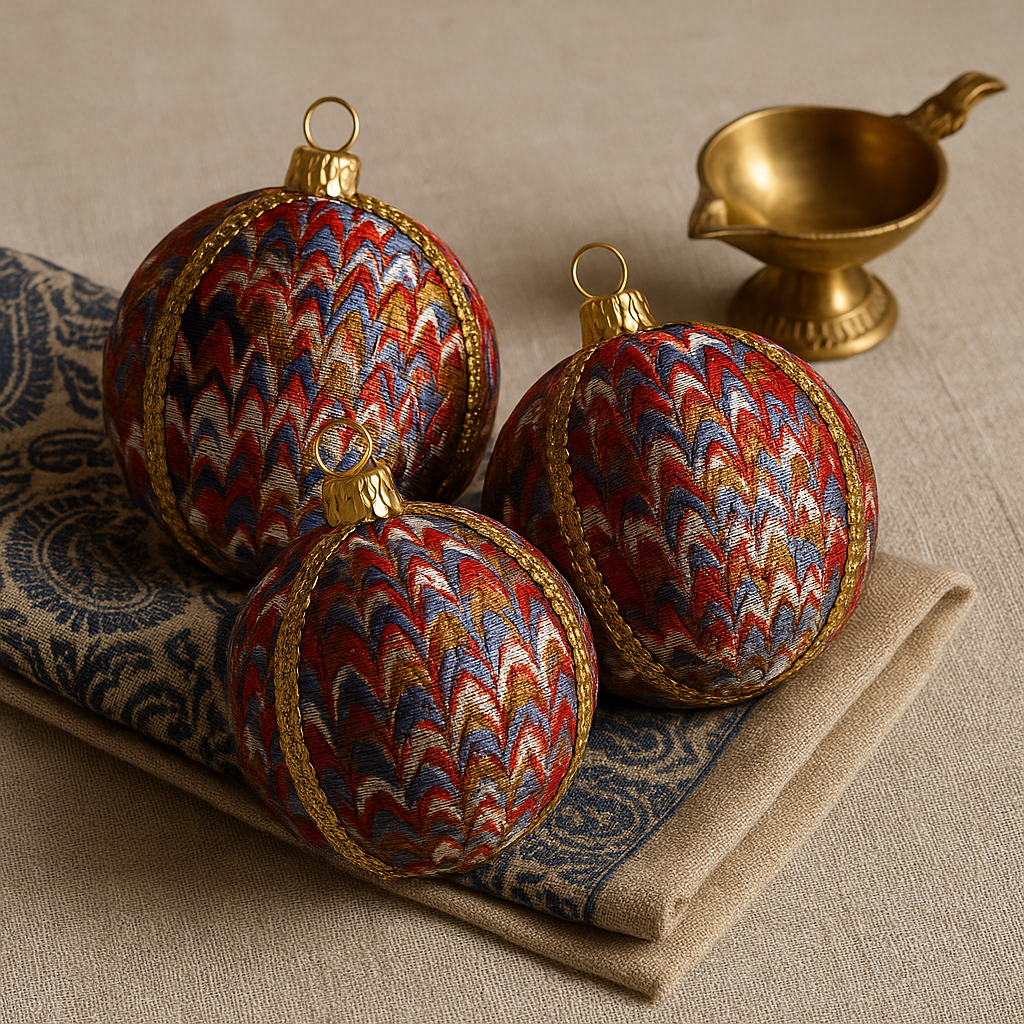 Decorative Christmas ornaments with a gold base and patterned design on a textured surface.