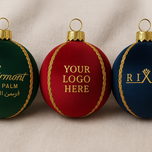 Three decorative ornaments with 'Fairmont The Palm', 'Your Logo Here', and 'Rixos' branding on a beige background.