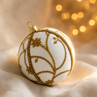 Shashi bauble hanging with soft bokeh lights, showing its ivory ground and raised gold zardozi embroidery in a sweeping vine and trellis pattern with beaded flowers.