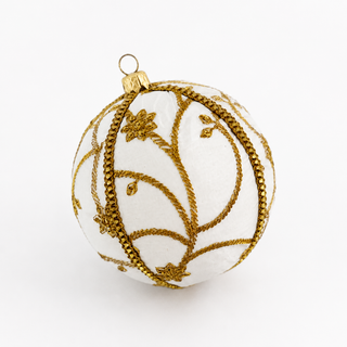 Shashi handmade fabric bauble, 10cm, ivory ground with raised gold zardozi embroidery in a sweeping vine and trellis pattern with beaded flowers.