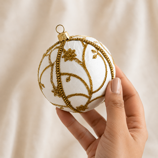 Shashi handmade fabric bauble on a marble surface, 10cm, showing raised gold zardozi embroidery in a sweeping vine and trellis pattern with beaded flowers on an ivory ground.