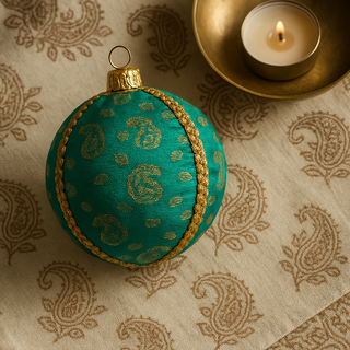 Teal ornament with gold paisley pattern on a textured fabric background with a candle. Handcrafted Tarla Bauble in turquoise brocade with shimmering gold paisley motifs, UK-made.