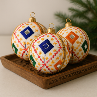 Decorative Christmas ornaments with embroidered patterns on a wooden tray.