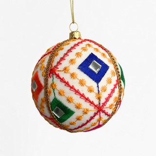 Sohan handmade fabric bauble, 10cm, crisp white ground with bold red diagonal lines with a fine gold star-stitch pattern and mirror-centred diamonds.