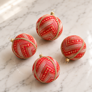 Close-up of the Subhash bauble showing diagonal bands of gold and silver embroidery with scattered sequin florets and a beaded gold trim on deep red silk reclaimed fabric.