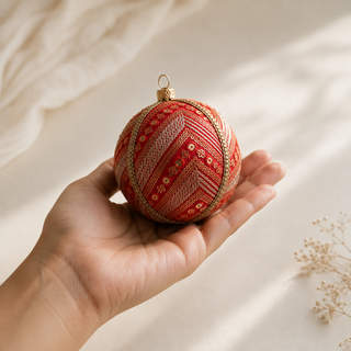 A cluster of Subhash handmade fabric baubles, 8cm, grouped to show the diagonal bands of gold and silver embroidery with scattered sequin florets and a beaded gold trim.