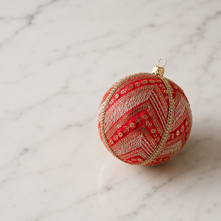 Subhash fabric bauble held in hand, highlighting the scale and sustainable, reclaimed-textile craftsmanship of this 8cm bauble.