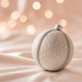 Close-up of the Surya bauble showing a woven brocade leaf motif with a fine silver diamanté trim on soft ivory reclaimed fabric.