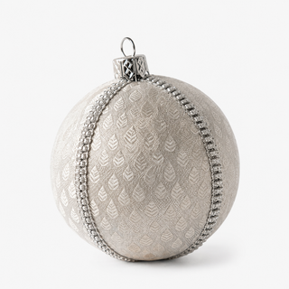 Surya handmade fabric bauble, 8cm, soft ivory ground with a woven brocade leaf motif with a fine silver diamanté trim.