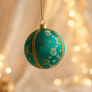 Tarla fabric bauble styled on linen, an 8cm handmade ornament with gold paisley motifs and delicate dotted brocade with a gold cord seam trim.