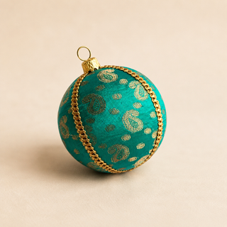 Tarla handmade fabric bauble, 8cm, deep teal ground with gold paisley motifs and delicate dotted brocade with a gold cord seam trim.
