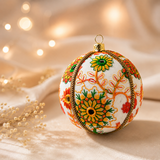 Vanika bauble hanging with soft bokeh lights, showing its cream ground and embroidered floral medallions in orange, yellow, green and red with mirror-work centres and a gold cord trim.