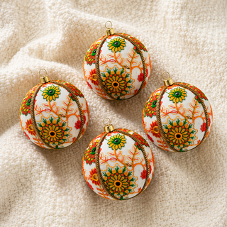 Vanika fabric bauble held in hand, highlighting the scale and sustainable, reclaimed-textile craftsmanship of this 8cm bauble.