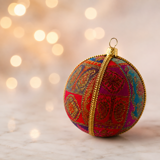 Yashodah bauble hanging with soft bokeh lights, showing its magenta, teal, purple and red patchwork panels ground and intricate gold paisley and medallion embroidery with a gold cord seam trim.
