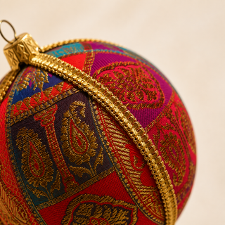 A cluster of Yashodah handmade fabric baubles, 10cm, grouped to show the intricate gold paisley and medallion embroidery with a gold cord seam trim.