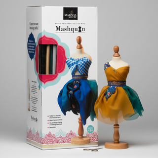 Mashquin packaging with two mannequins wearing colorful dresses on a gray background