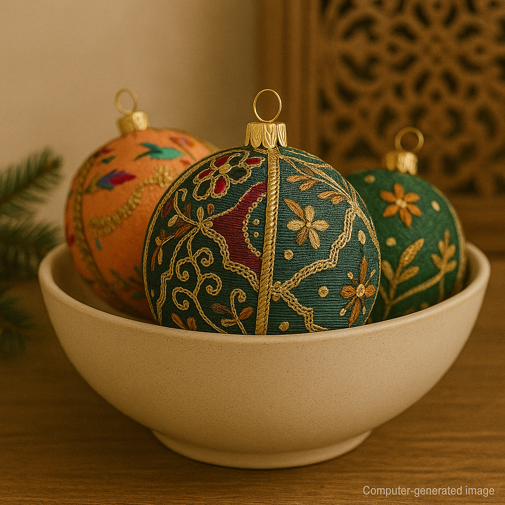 The Aaina Bauble displayed in a ceramic bowl alongside other handcrafted designs. Rich teal fabric with gold embroidery and floral motifs, perfect for year-round home decor. Computer-generated image.