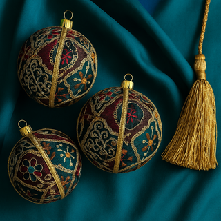 Set of Aaina Baubles in deep blue with gold embroidery, luxury handmade decorations.