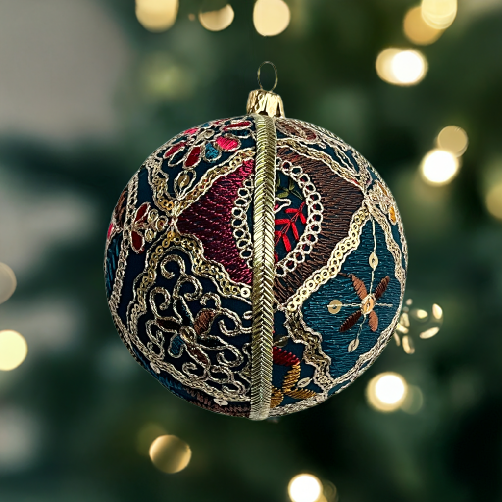 The Aaina Bauble hanging from a Christmas tree branch, with golden fairy lights softly glowing in the background. Features intricate gold embroidery on rich teal fabric. Computer-generated image.
