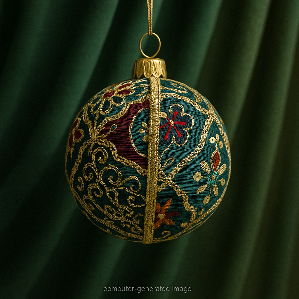 The Aaina Bauble suspended against an emerald green velvet backdrop. Features gold floral embroidery on rich teal fabric with red and orange accents. A luxurious festive or year-round décor accent. Computer-generated image.