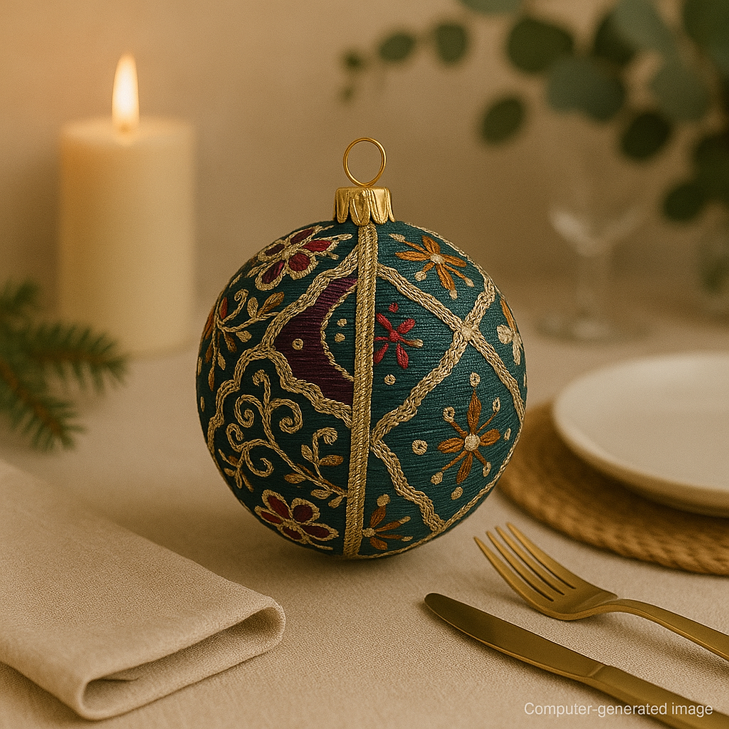 The Aaina Bauble styled as a table centrepiece with gold cutlery, soft beige linens, and candlelight. Deep teal base with detailed gold embroidery and rich jewel-toned accents. Computer-generated image.