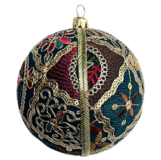 The Aaina Bauble – a 10cm handmade fabric bauble in rich teal with intricate gold embroidery, sequin accents, and colourful detailing. Displayed on a transparent background for clean product listing use.