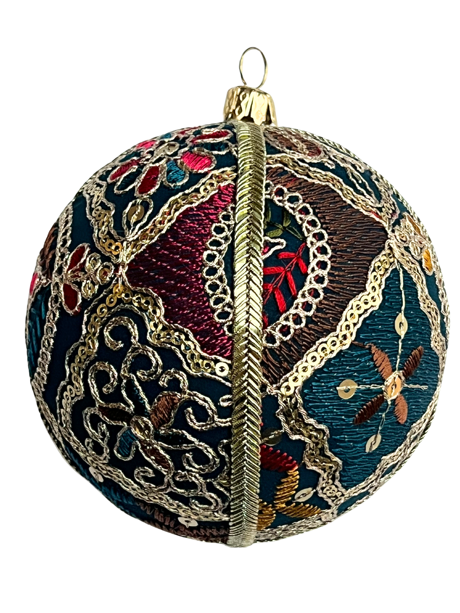 The Aaina Bauble – a 10cm handmade fabric bauble in rich teal with intricate gold embroidery, sequin accents, and colourful detailing. Displayed on a transparent background for clean product listing use.