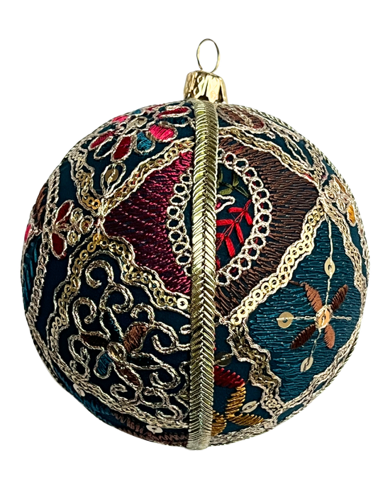 The Aaina Bauble – a 10cm handmade fabric bauble in rich teal with intricate gold embroidery, sequin accents, and colourful detailing. Displayed on a transparent background for clean product listing use.